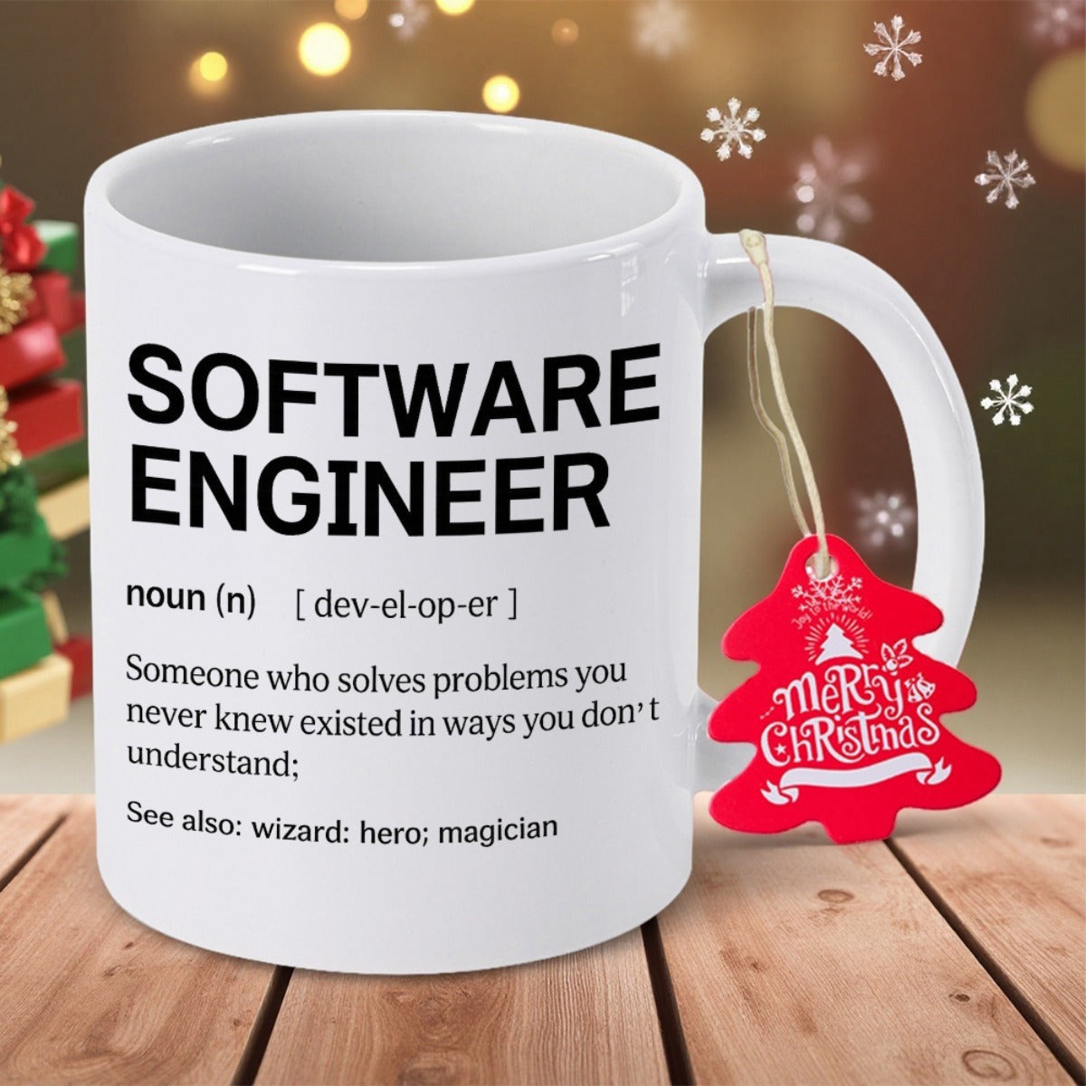 Tailorly White Ceramic 11 oz Mug - Software Engineer Noun Developer Minimalist White Ceramic Vessel With Festive Red Holiday Christmas Tree Tag Mug