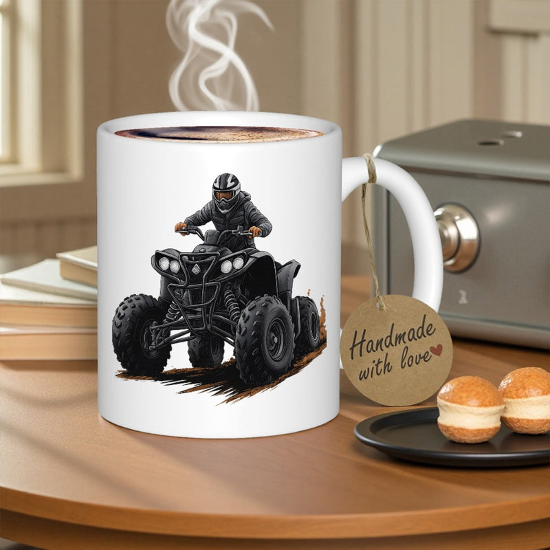 Tailorly White Ceramic 11 oz Mug - Powerful Black Off Road Vehicle Kicking Up Dust With Skilled Rider ATV