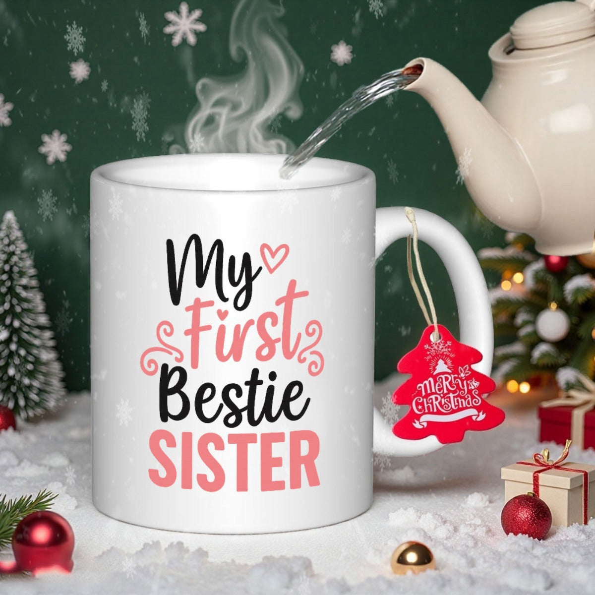 Tailorly White Ceramic 11 oz Mug - My First Bestie Sister Clean With Pink Heart Artistic Design Mug