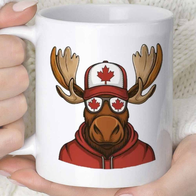 Tailorly White Ceramic 11 oz Mug - Cartoon Style Character Wearing Red Hoodie Sunglasses And Maple Leaf Cap Moose