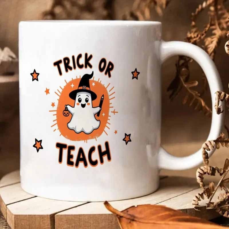 Tailorly White Ceramic 11 oz Mug - Trick Or Teach Whimsical Little Ghost Wearing Witch Hat Under Twinkling Golden Stars Ghost