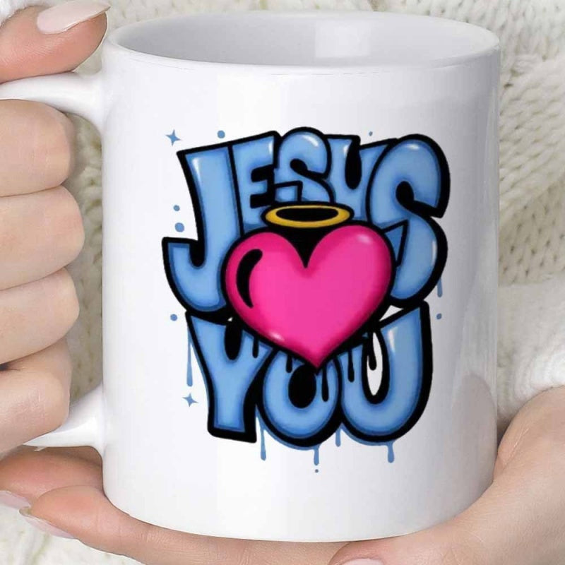 Tailorly White Ceramic 11 oz Mug - Jesus Loves You Vibrant Pink Heart With Golden Halo In Graffiti Bubble Style Heart