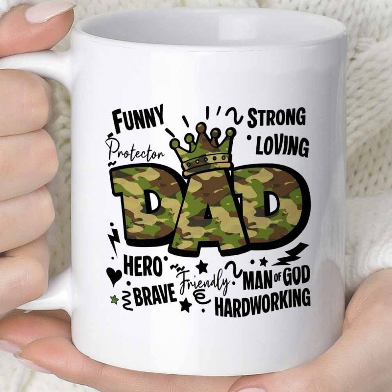 Tailorly White Ceramic 11 oz Mug - Funny Strong Loving Protector Hero Brave Friendly Man Of God Hardworking Camouflage Patterned Text With Golden Crown Surrounded