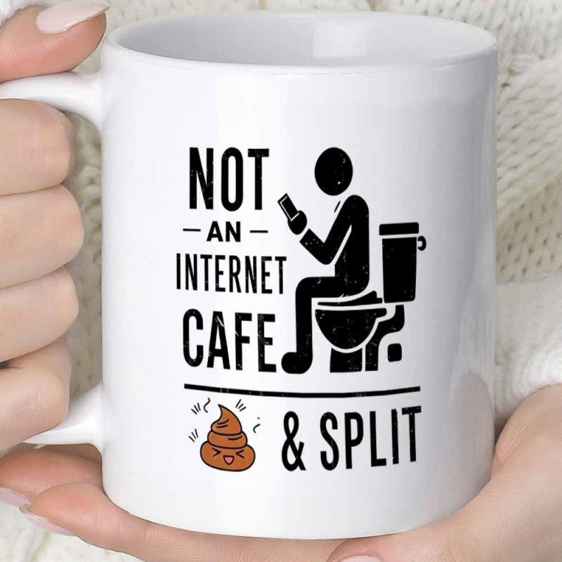 Tailorly White Ceramic 11 oz Mug - Not An Internet Cafe Split Humorous Cartoon Stick Figure Sitting On Porcelain Throne Holding Mobile Phone Toilet