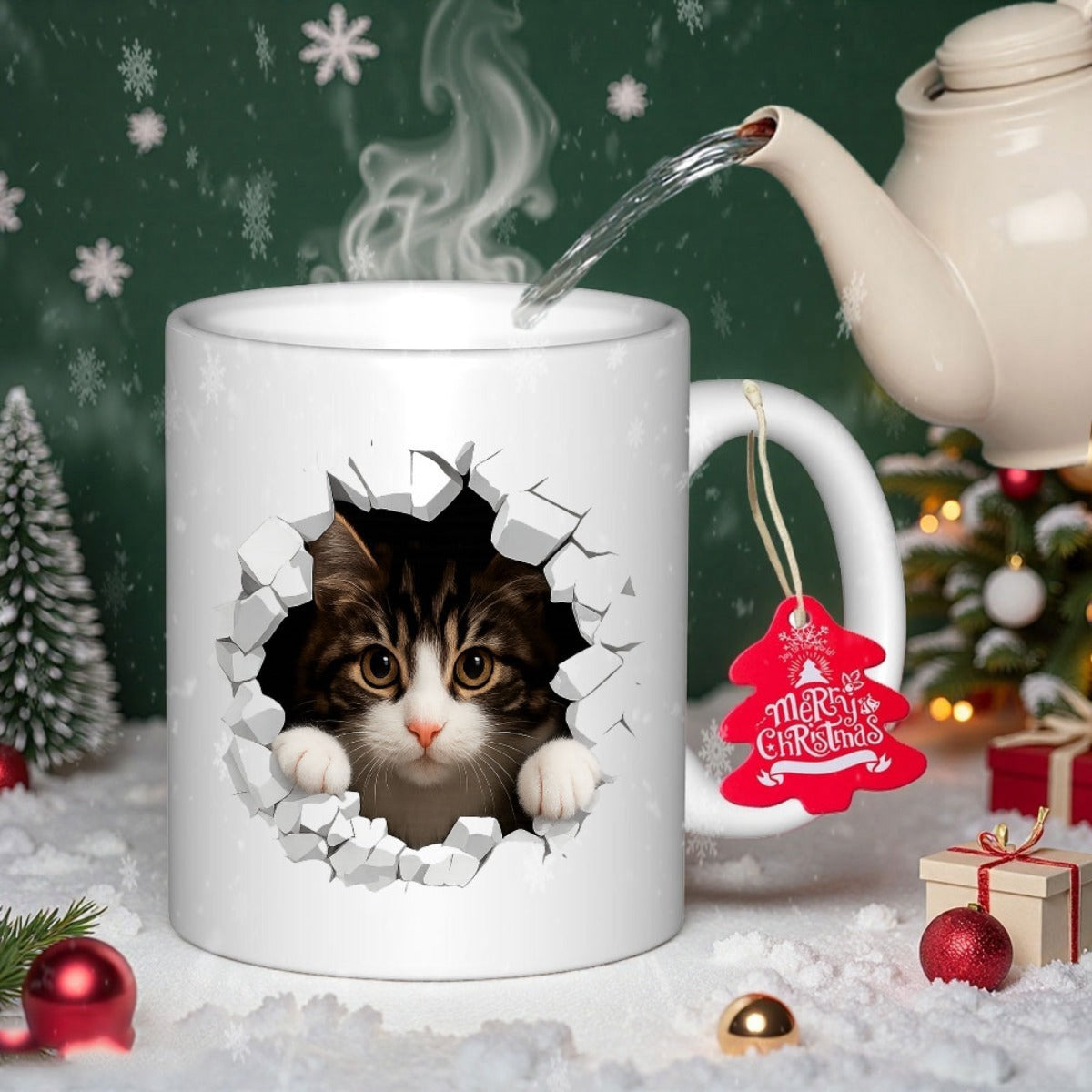 Tailorly White Ceramic 11 oz Mug - Merry Christmas Realistic Tabby Peering Through A Cracked Three Dimensional Stone Hole Cat