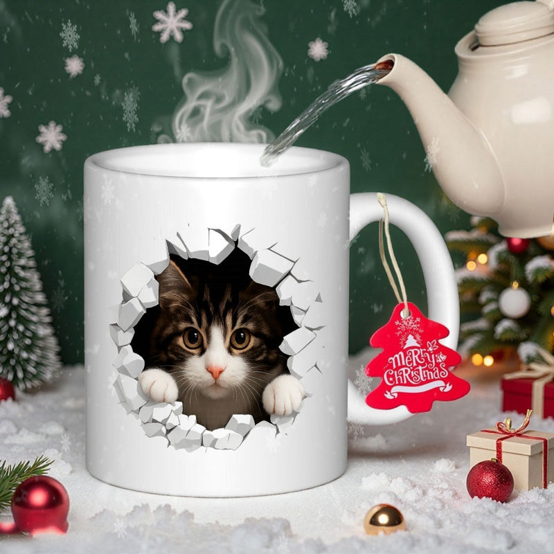 Tailorly White Ceramic 11 oz Mug - Merry Christmas Realistic Tabby Peering Through A Cracked Three Dimensional Stone Hole Cat