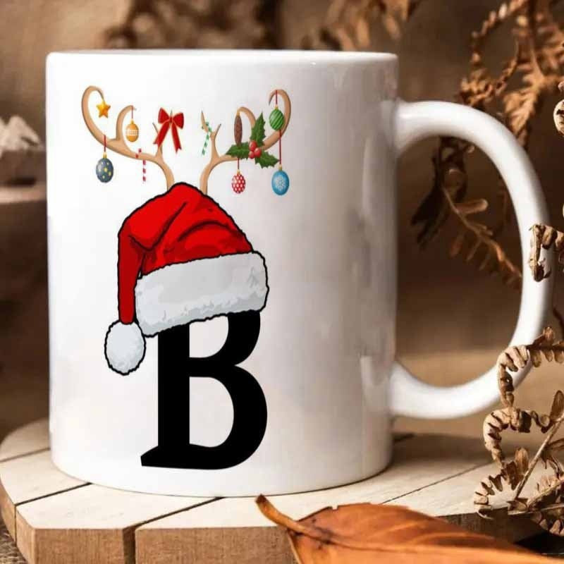 Tailorly White Ceramic 11 oz Mug - B Festive Antlers Decorated With Holiday Baubles Under A Red Santa Hat Reindeer