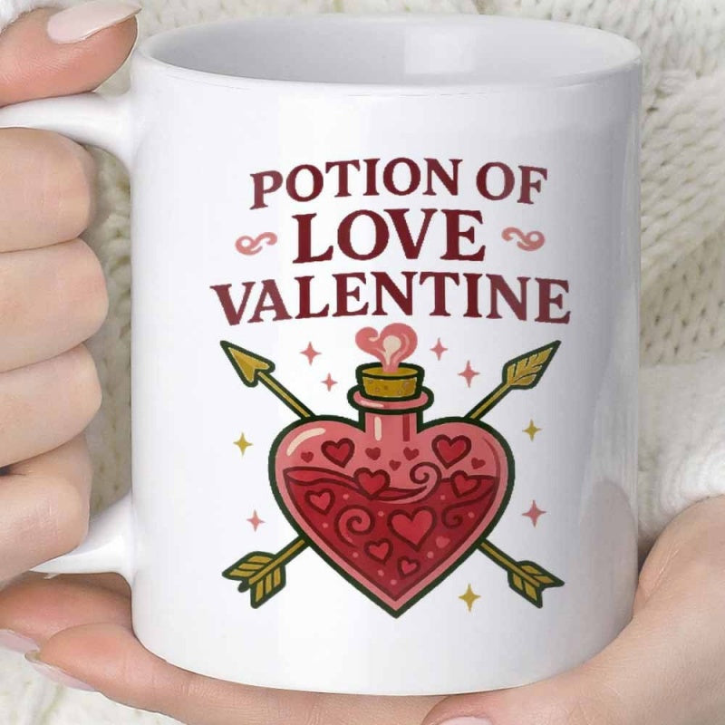 Tailorly White Ceramic 11 oz Mug - Potion Of Love Valentine Heart Shaped Glass Filled With Magic Liquid Behind Crossed Antique Arrows Bottle