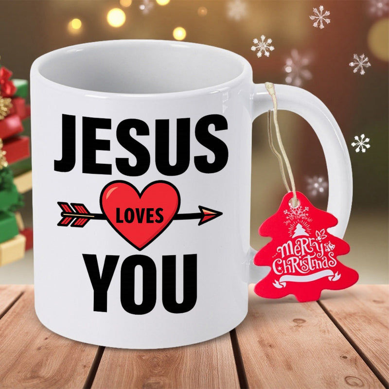 Tailorly White Ceramic 11 oz Mug - Jesus Loves You Red Heart Pierced By Black Arrow Among Bold Black Text Lettering Heart