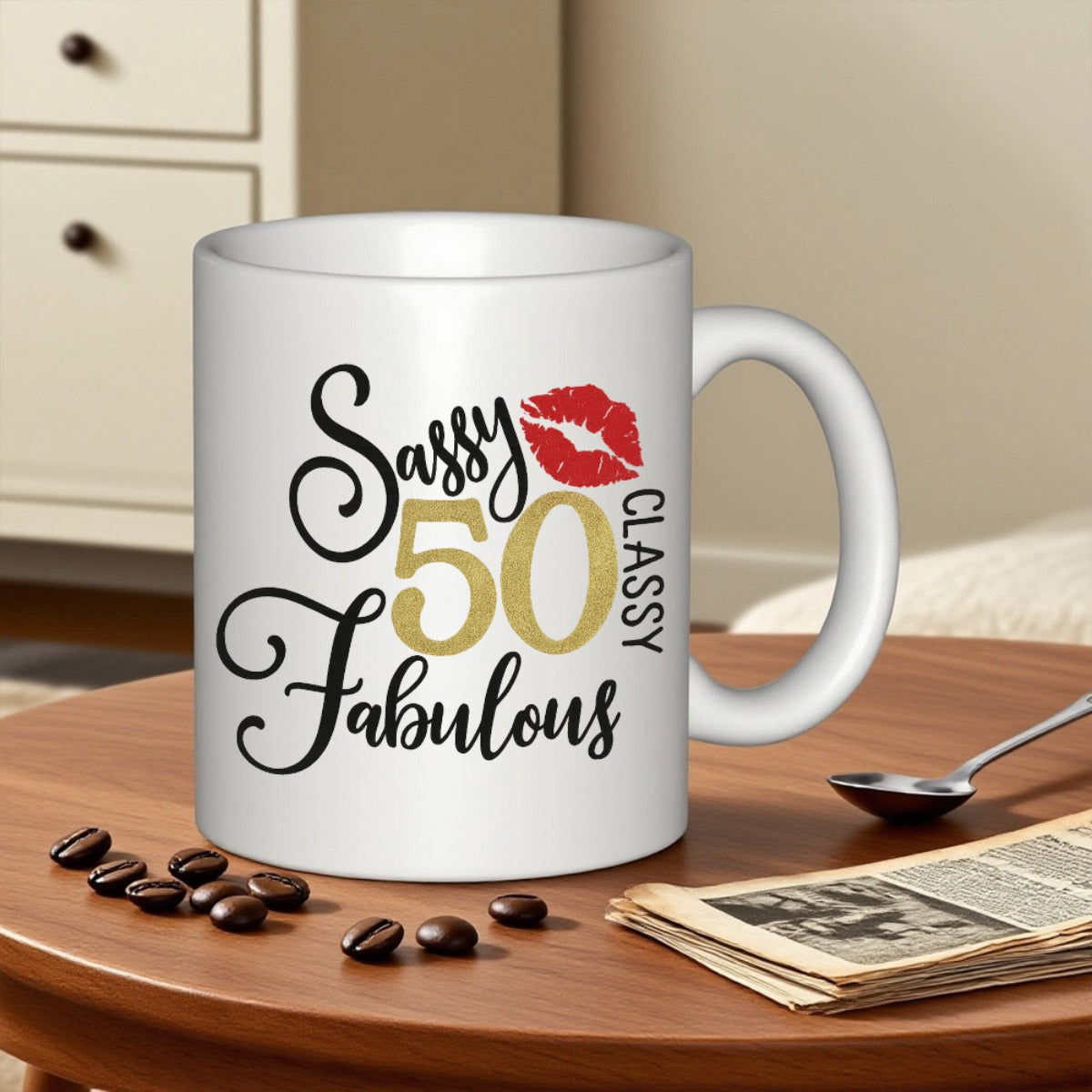 Tailorly White Ceramic 11 oz Mug - Sassy Classy Fabulous 50 Elegant Script Typography With A Vibrant Red Lipstick Mark Lips