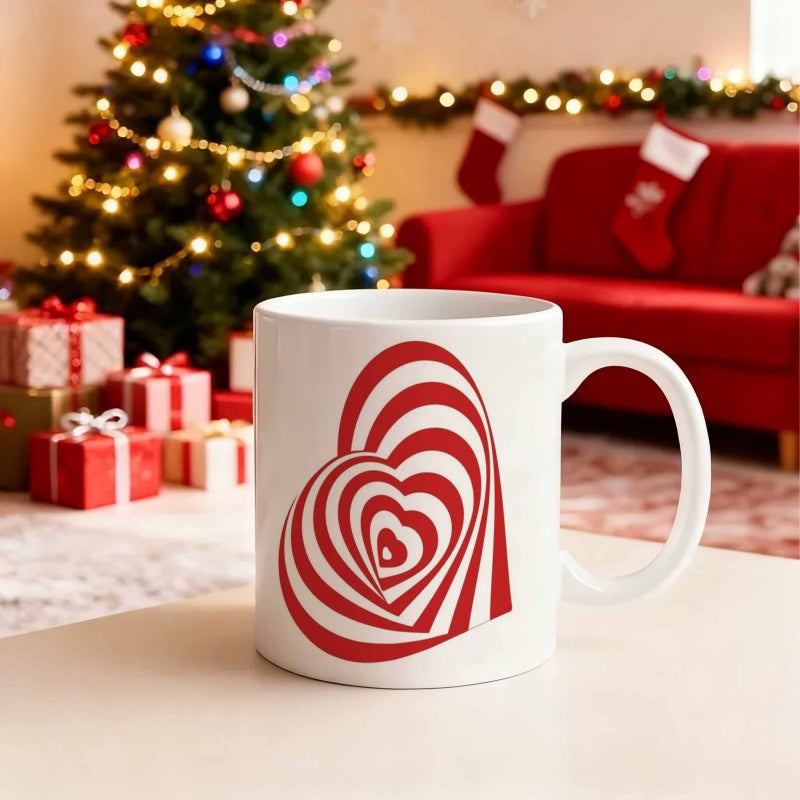 Tailorly White Ceramic 11 oz Mug - Vibrant Red Concentric Stripes Creating An Optical Illusion Layered Romantic Heart