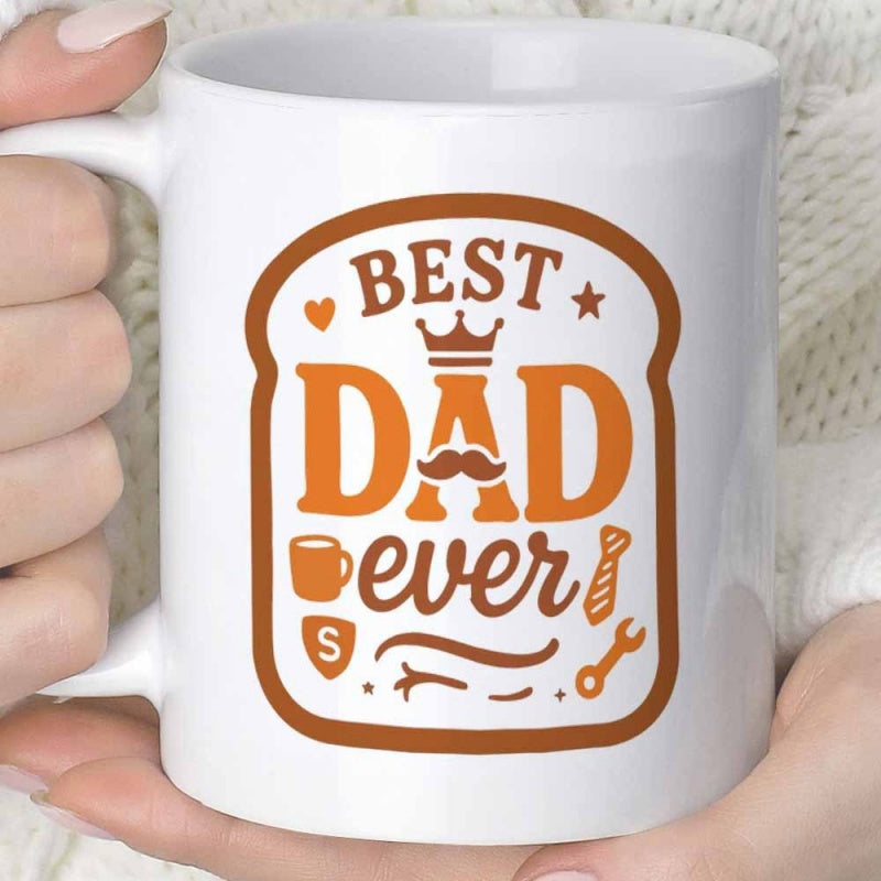 Tailorly White Ceramic 11 oz Mug - Best Dad Ever Decorative Border Containing Crown Mustache Coffee Cup Necktie And Wrench Sign