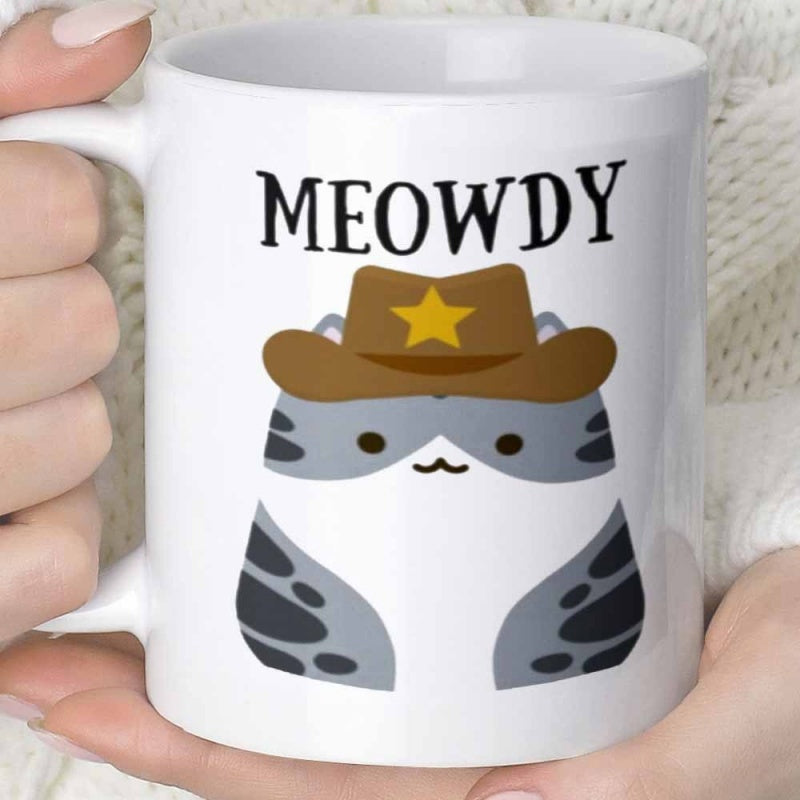 Tailorly White Ceramic 11 oz Mug - Meowdy Adorable Grey Tabby Wearing Brown Cowboy Hat With Yellow Sheriff Star Cat
