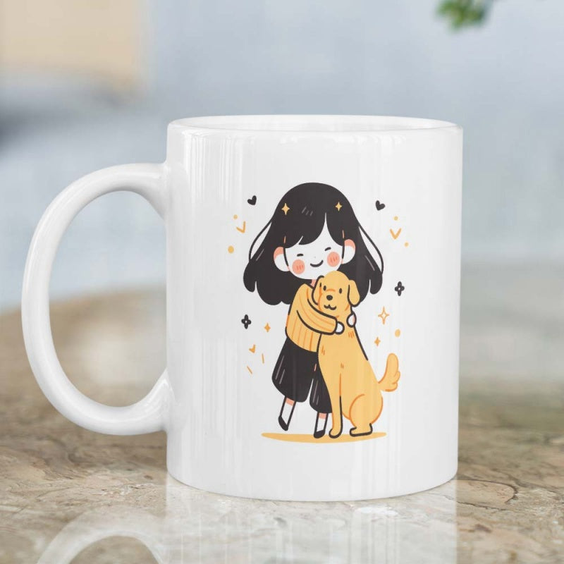 Tailorly White Ceramic 11 oz Mug - Cute Little Girl Hugging Her Loyal Golden Retriever Amid Small Shimmering Sparkles Dog