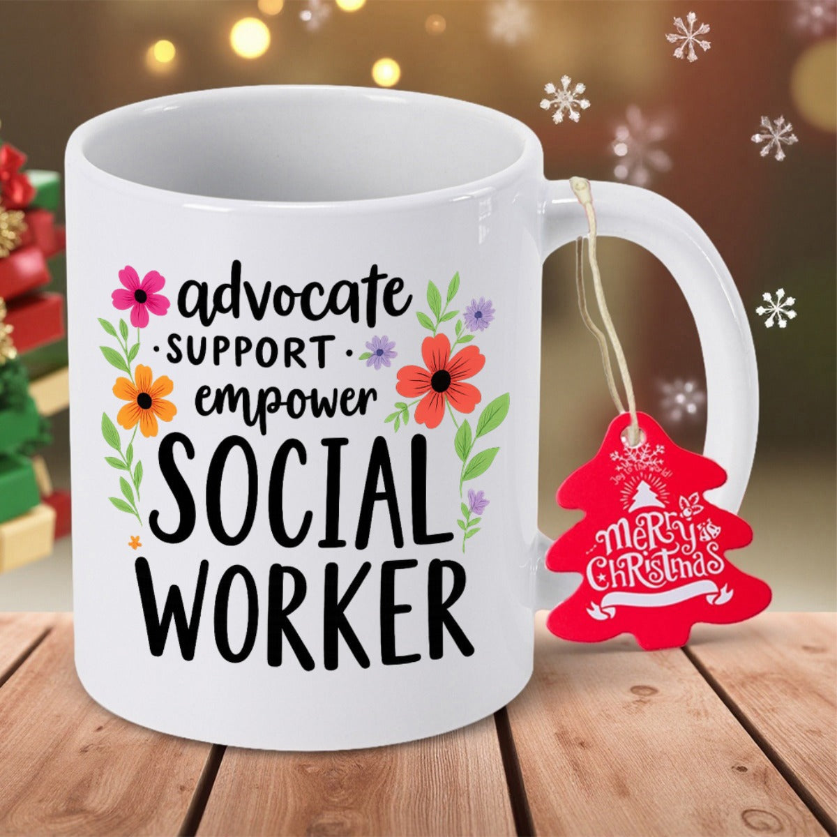 Tailorly White Ceramic 11 oz Mug - Advocate Support Empower Social Worker Decorated With Vibrant Colorful Flowers And Green Leaves Mug