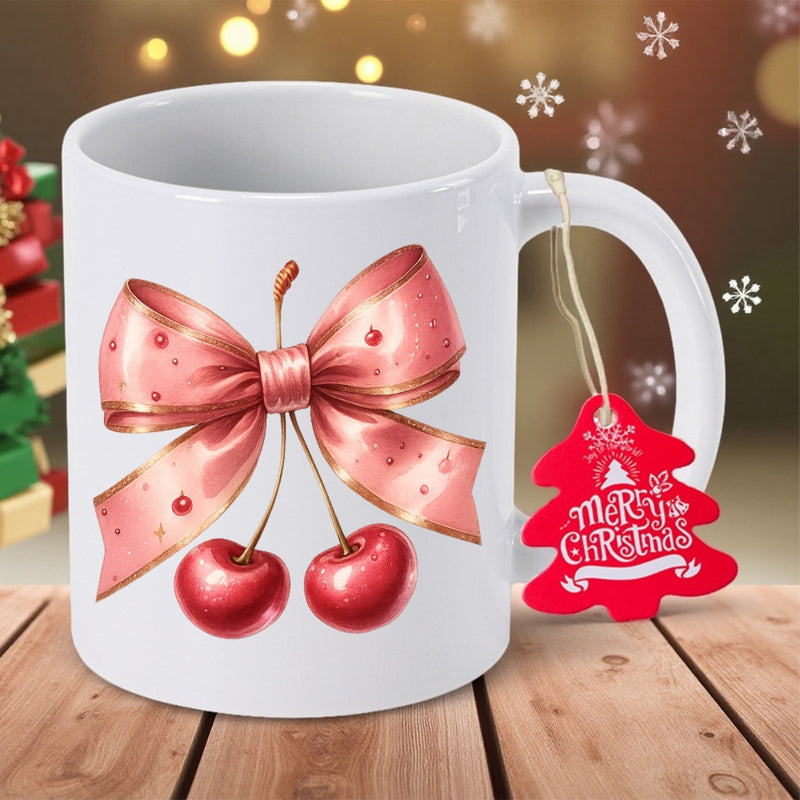 Tailorly White Ceramic 11 oz Mug - Merry Christmas Glossy Pink Satin Bow Over Two Ripe Red Garden Harvest Sweet Cherries