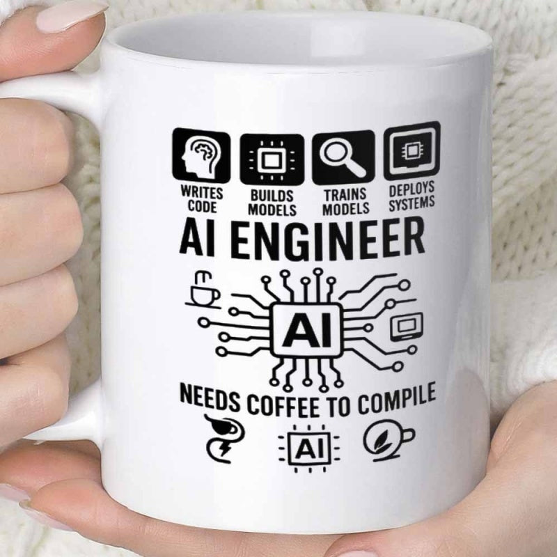 Tailorly White Ceramic 11 oz Mug - AI Engineer Needs Coffee To Compile Technological Circuit Board Elements With Integrated Processor Icons And Coding Symbols Mug