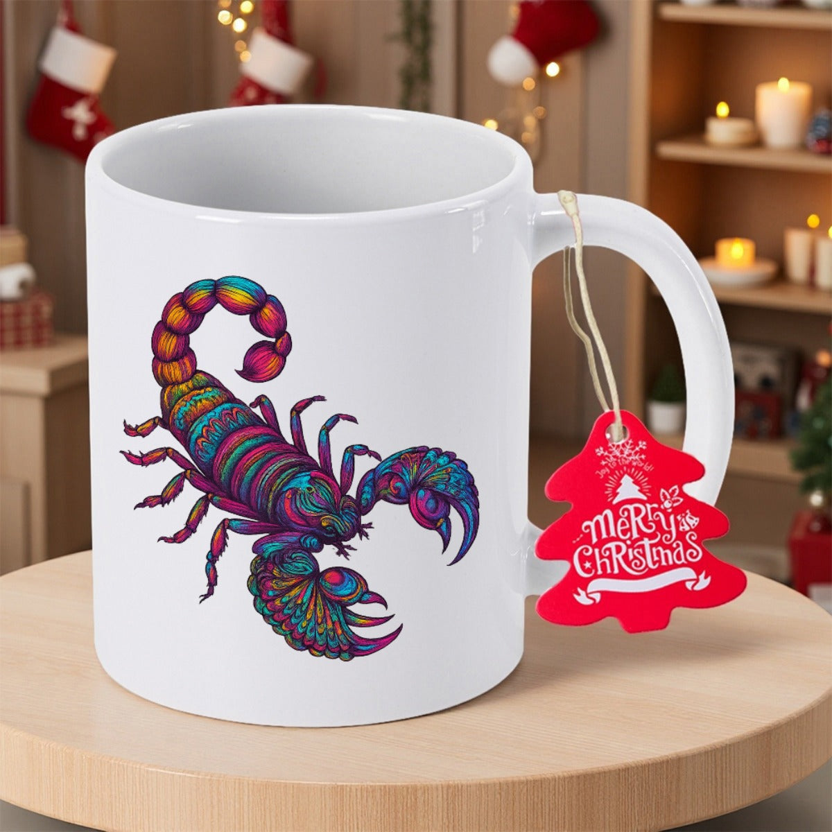 Tailorly White Ceramic 11 oz Mug - Merry Christmas Vibrant Intricate Mandala Style Pattern Featuring A Detailed Desert Scorpion
