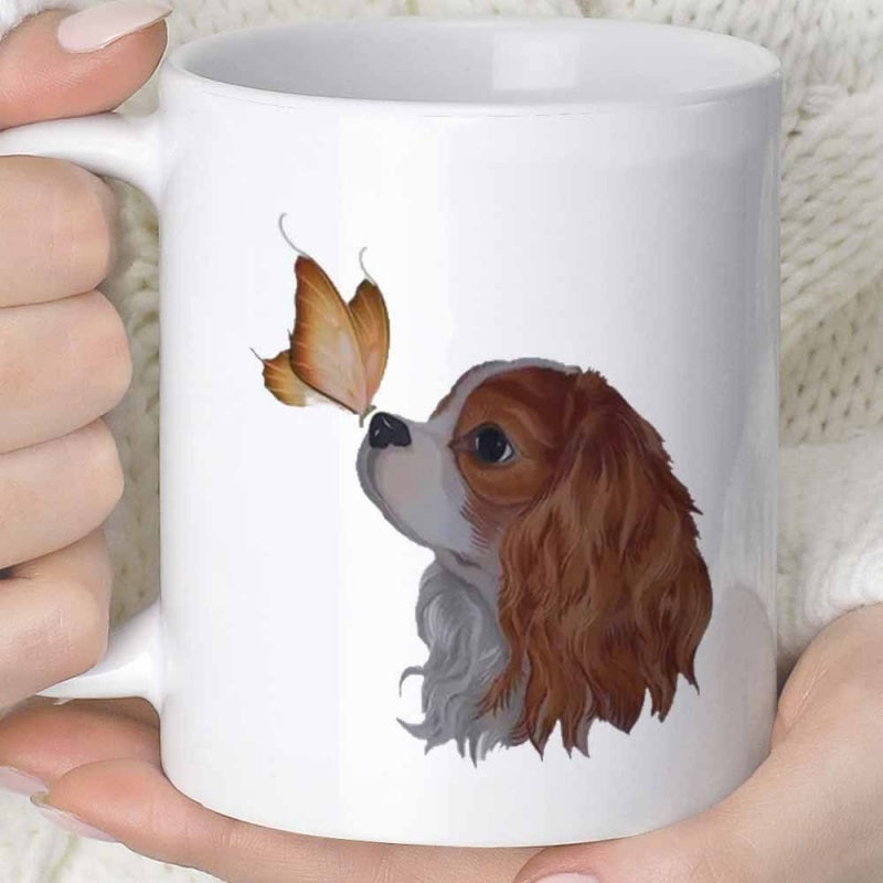 Tailorly White Ceramic 11 oz Mug - Adorable Cavalier King Charles Spaniel With Brown Butterfly Resting On Its Nose Dog