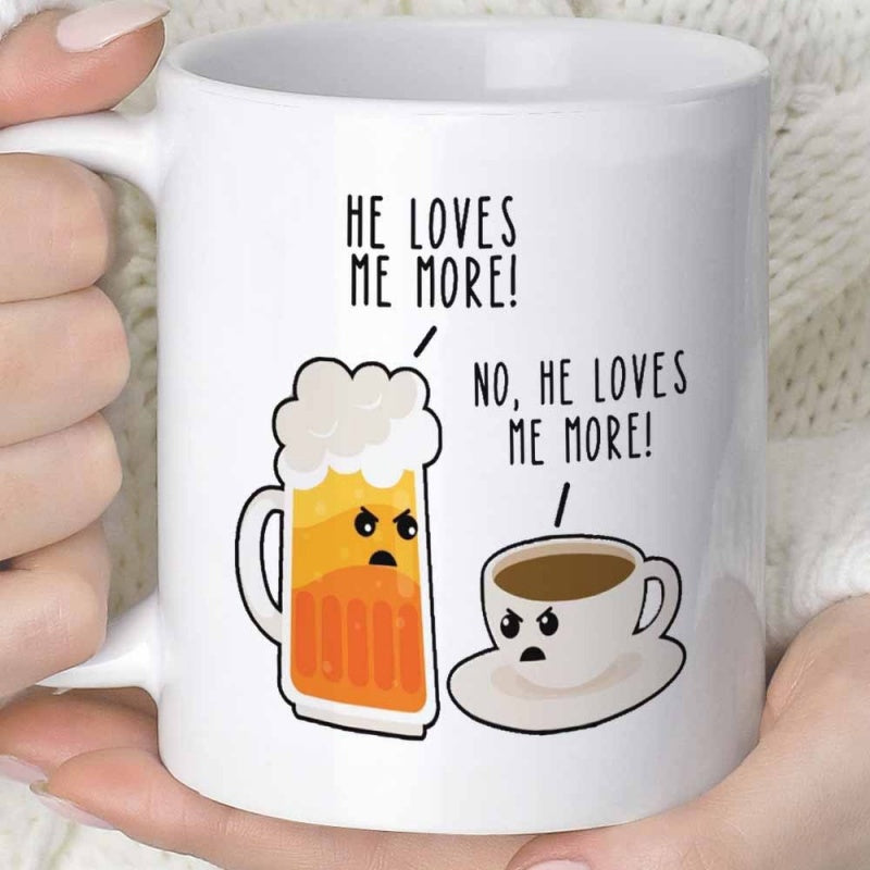 Tailorly White Ceramic 11 oz Mug - He Loves Me More No He Loves Me More Funny Cartoon Beer Glass And Coffee Cup Faces Arguing Under Text Mug