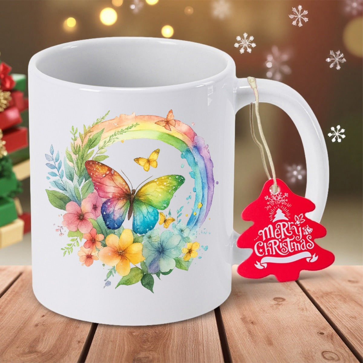 Tailorly White Ceramic 11 oz Mug - Merry Christmas Vibrant Watercolor Flowers Among Colorful Rainbow Arched Above A Majestic Butterfly