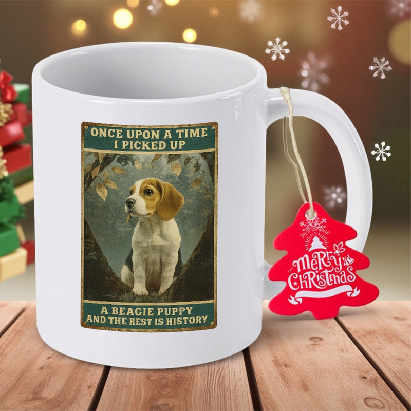 Tailorly White Ceramic 11 oz Mug - Once Upon A Time I Picked Up A Beagle Puppy And The Rest Is History Charming Young Puppy Sitting Within Autumnal Leaves Shaped