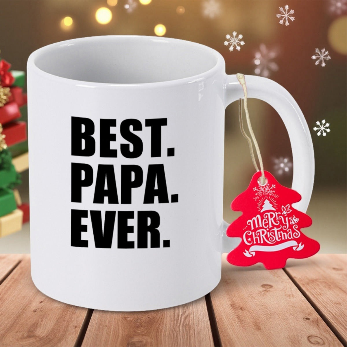 Tailorly White Ceramic 11 oz Mug - Best Papa Ever Merry Christmas Classic White Ceramic Texture Featuring Red Pine Shaped Holiday Tag Mug