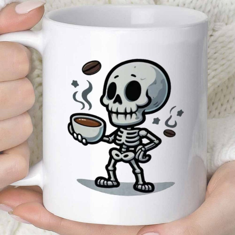 Tailorly White Ceramic 11 oz Mug - Whimsical Cartoon Skeleton Holding Steaming Hot Coffee Among Floating Roasted Coffee Beans Skeleton