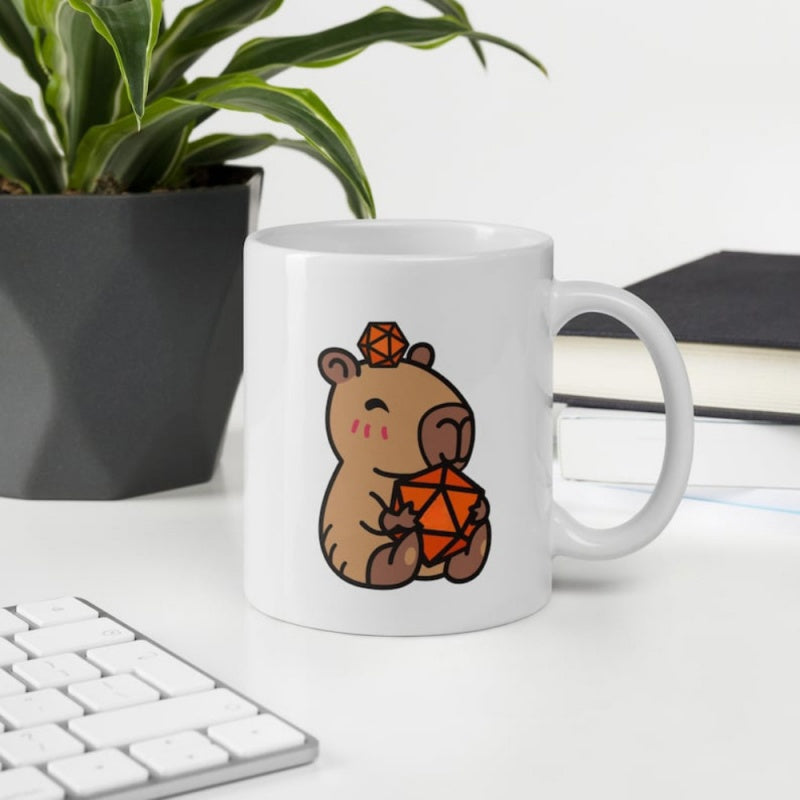 Tailorly White Ceramic 11 oz Mug - Cute Cartoon Animal Holding Orange Polyhedral Dice In A Sitting Position Capybara