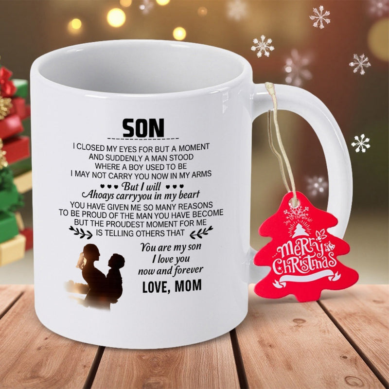 Tailorly White Ceramic 11 oz Mug - Son Always Carry You In My Heart Love Mom Loving Silhouette Of A Mother Embracing Her Young Child Silhouette