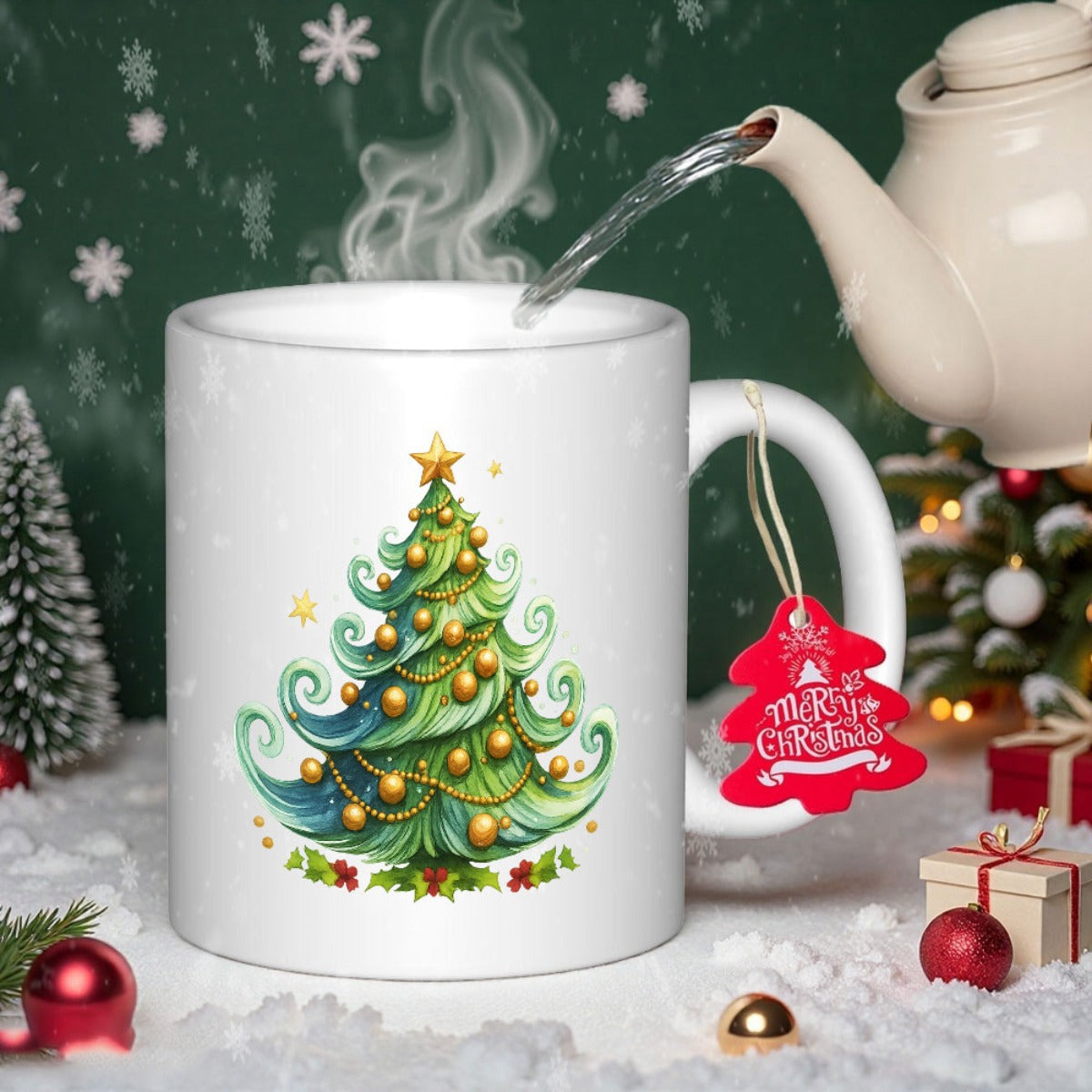 Tailorly White Ceramic 11 oz Mug - Merry Christmas Stylized Festive Evergreen With Golden Ornaments Standing Amidst A Winter Scene Tree