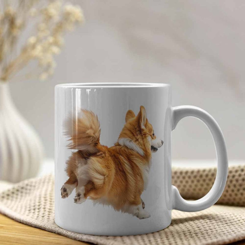 Tailorly White Ceramic 11 oz Mug - Playful Energetic Fluffy Dog Jumping In The Air Showing Cute Tail Corgi