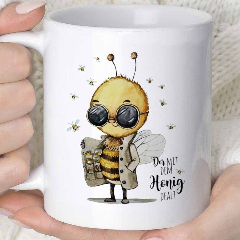 Tailorly White Ceramic 11 oz Mug - Tiny Flying Insects Surrounding A Cool Cartoon Wearing Sunglasses And Trench Coat Bee