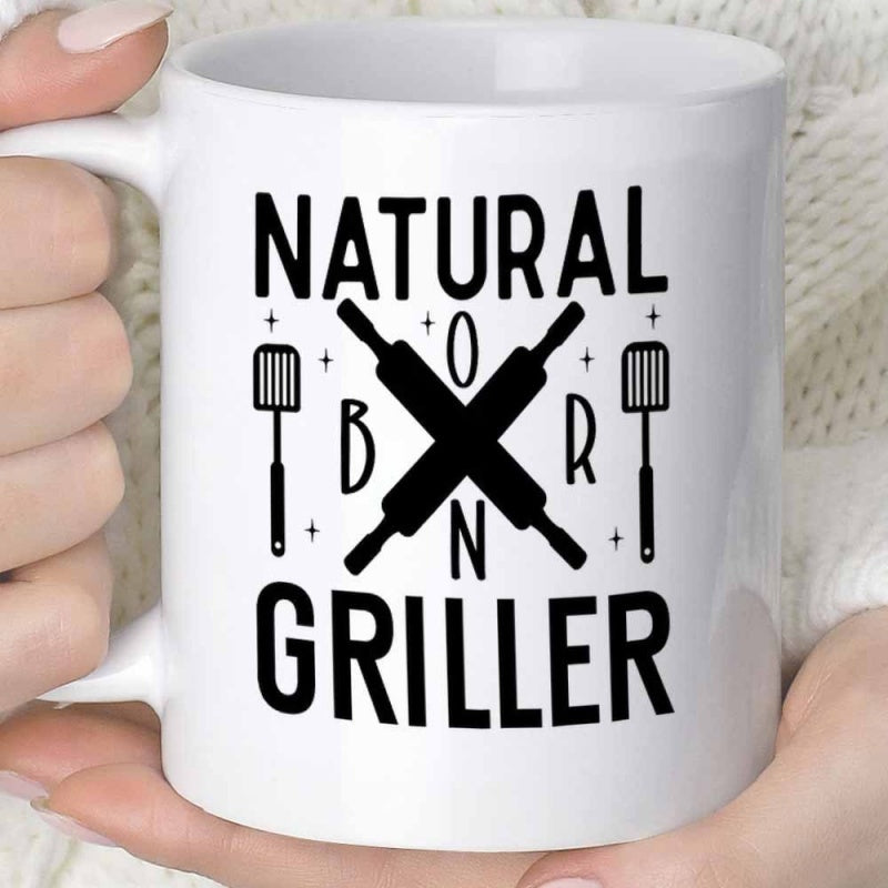 Tailorly White Ceramic 11 oz Mug - Natural Born Griller Rustic Kitchen Theme Featuring Symmetric Spatulas And Crossed Rolling Pins