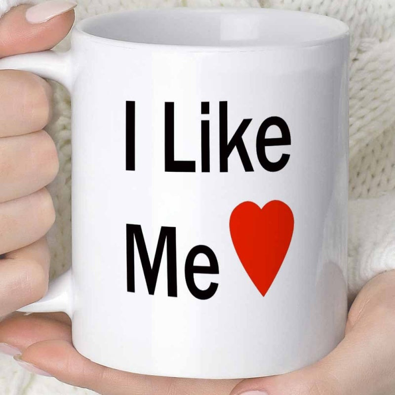 Tailorly White Ceramic 11 oz Mug - I Like Me Simple Red Heart On Held By Hands Mug