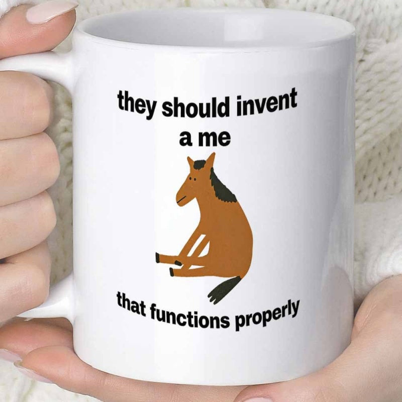 Tailorly White Ceramic 11 oz Mug - They Should Invent A Me That Functions Properly Humorous Cartoonish Brown Animal Sitting Calmly In Minimalist Artistic Style
