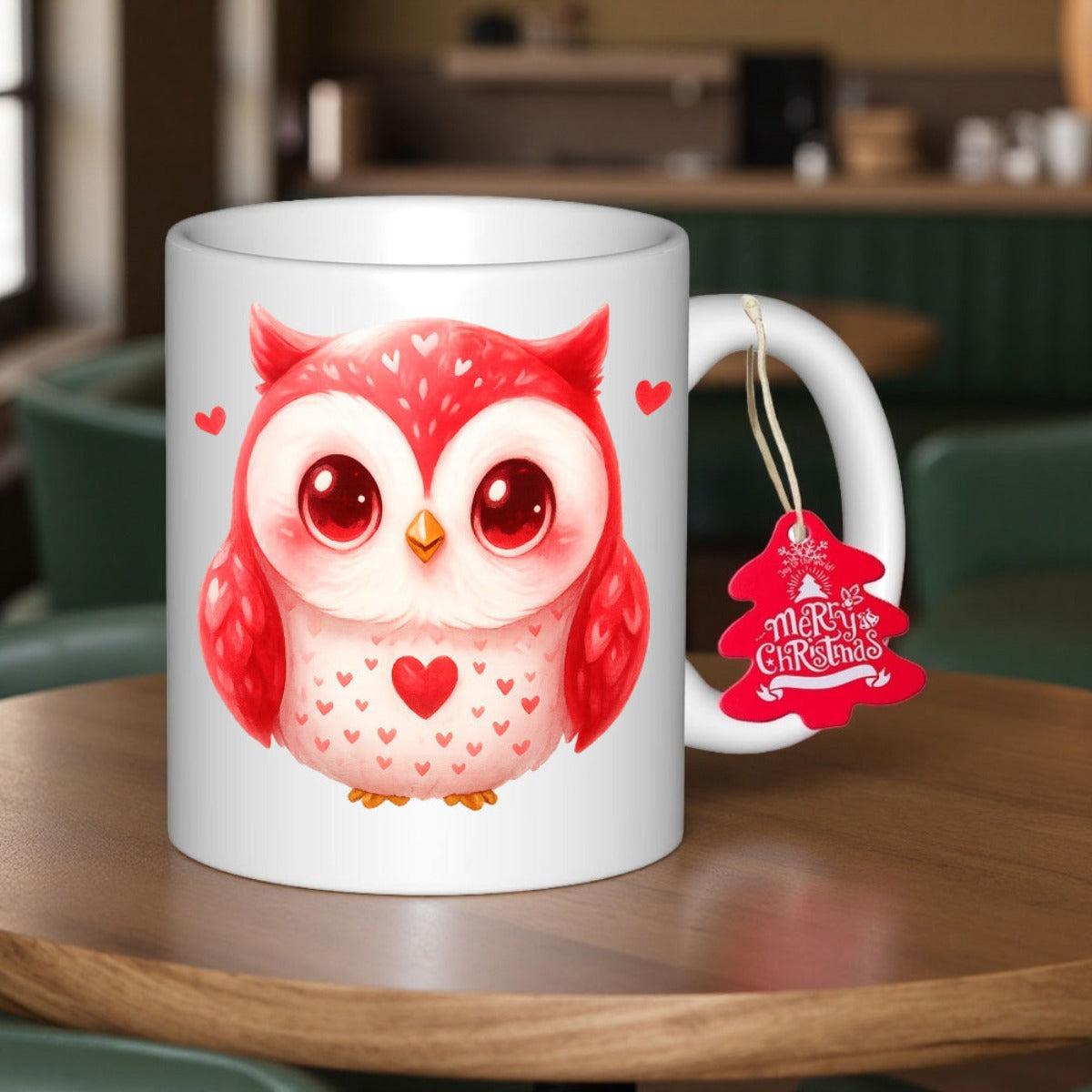 Tailorly White Ceramic 11 oz Mug - Merry Christmas Adorable Pink Owl Featuring Heart Details Among Tiny Floating Hearts Owl