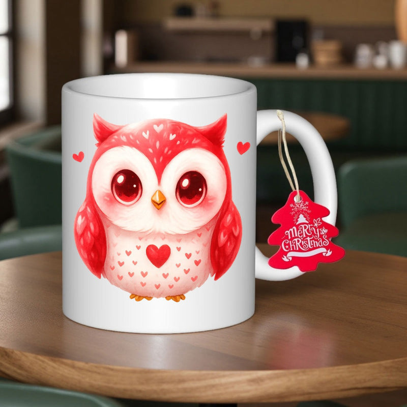 Tailorly White Ceramic 11 oz Mug - Merry Christmas Adorable Pink Owl Featuring Heart Details Among Tiny Floating Hearts Owl