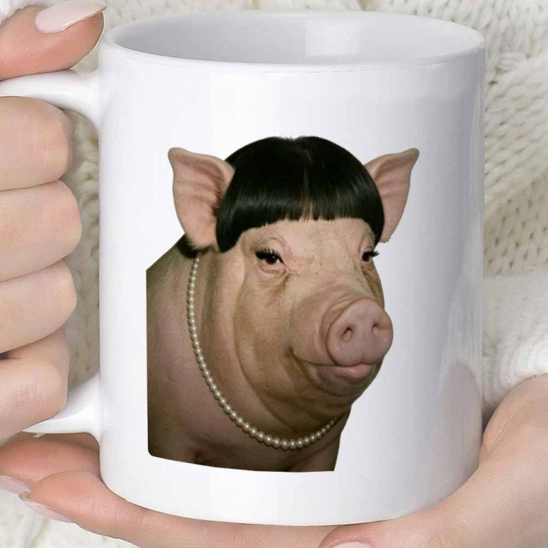 Tailorly White Ceramic 11 oz Mug - Fashionable Pink Pig Wearing Black Bob Wig And Pearl Necklace Pig