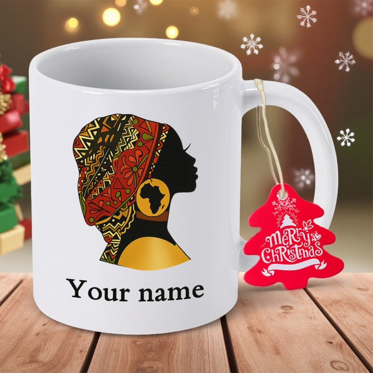 Tailorly White Ceramic 11 oz Mug - Your Name Merry Christmas Silhouette Profile Wearing Colorful Traditional African Patterned Headwrap And Gold Earring Woman