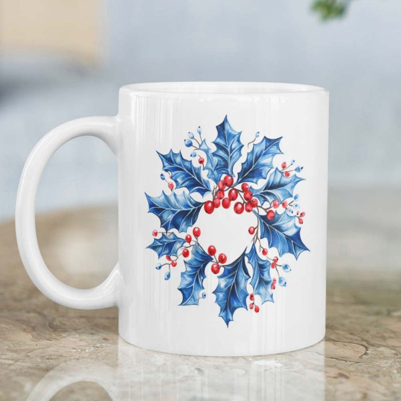 Tailorly White Ceramic 11 oz Mug - Circular Arrangement Of Blue Winter Holly Leaves With Vibrant Red Berries Wreath