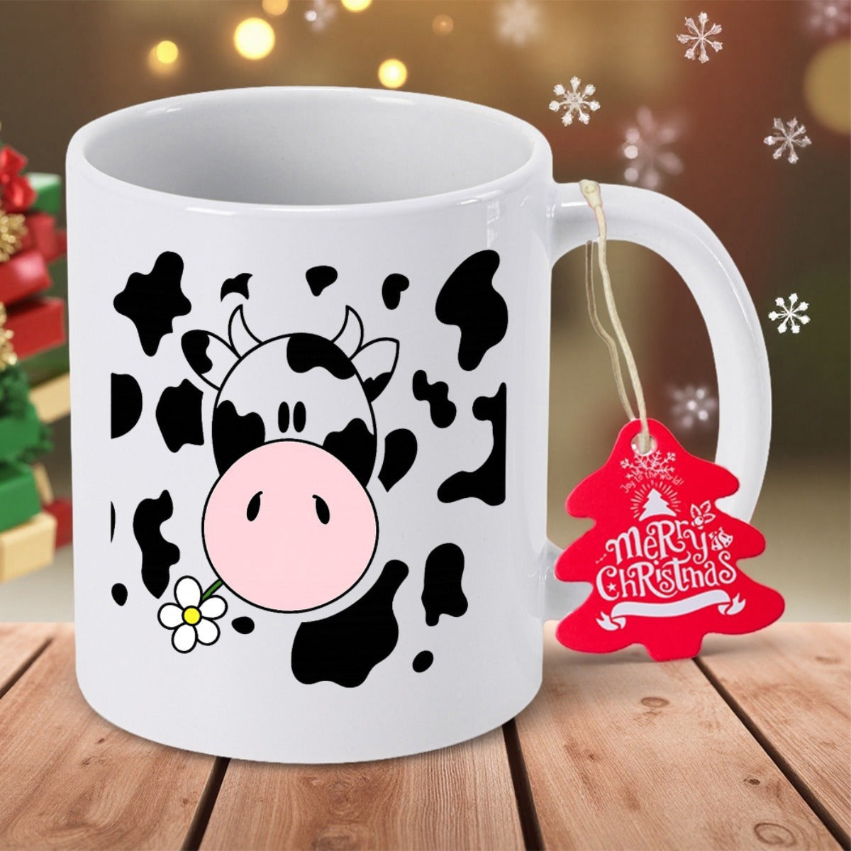 Tailorly White Ceramic 11 oz Mug - Merry Christmas Cute Cartoon Heifer With Black Spots Biting A Small Daisy Cow