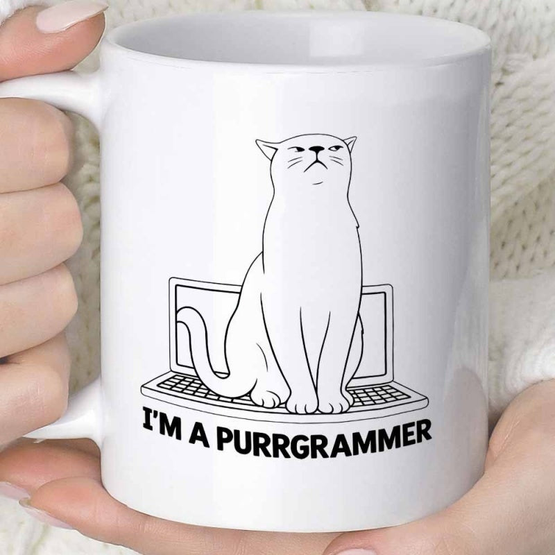 Tailorly White Ceramic 11 oz Mug - Im A Purrgrammer Minimalist Line Art Design Sitting On A Small Laptop Computer Cat