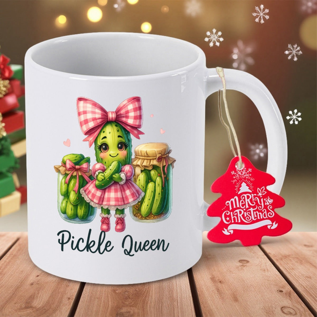 Tailorly White Ceramic 11 oz Mug - Pickle Queen Merry Christmas Adorable Cartoon Character Wearing Pink Plaid Dress And Bow Standing Between Jars Pickle