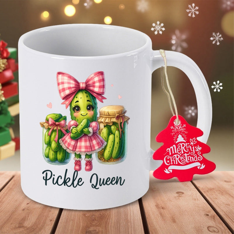 Tailorly White Ceramic 11 oz Mug - Pickle Queen Merry Christmas Adorable Cartoon Character Wearing Pink Plaid Dress And Bow Standing Between Jars Pickle