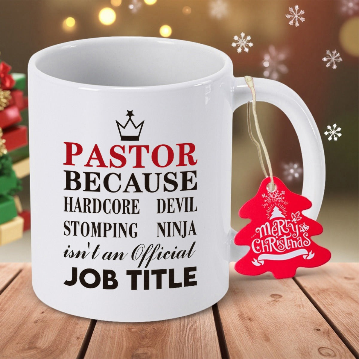 Tailorly White Ceramic 11 oz Mug - Pastor Because Hardcore Devil Stomping Ninja Isnt An Official Job Title Minimalist Line Art Crown Featuring Small Stars Above
