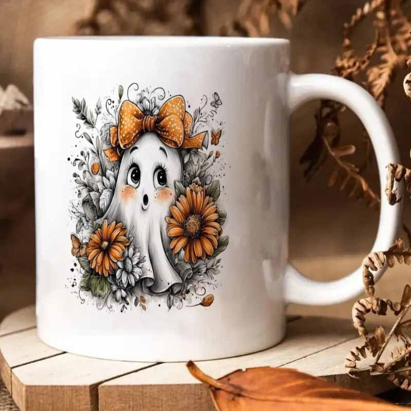 Tailorly White Ceramic 11 oz Mug - Cute Little Spirit Wearing Large Bow Surrounded By Autumn Flowers Ghost