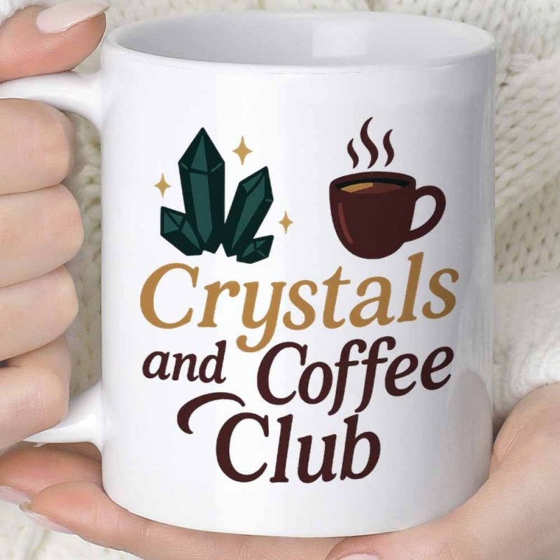 Tailorly White Ceramic 11 oz Mug - Crystals And Coffee Club Sparkling Dark Green Gems Beside Steaming Hot Morning Beverage Mug