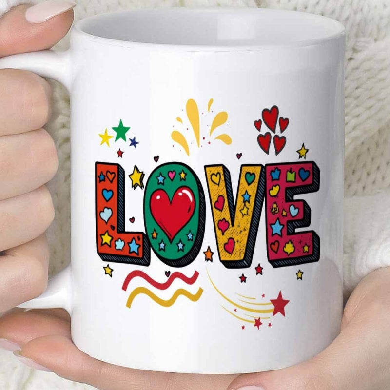 Tailorly White Ceramic 11 oz Mug - Love Vibrant Colorful Block Letters Featuring Whimsical Hearts And Shining Stars Lettering