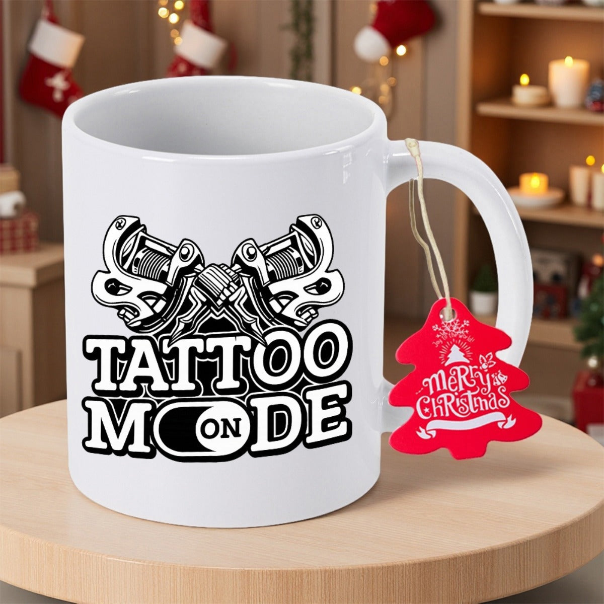 Tailorly White Ceramic 11 oz Mug - Tattoo Mode On Detailed Crossed Mechanical Tattoo Guns With Bold Typography Design Machine
